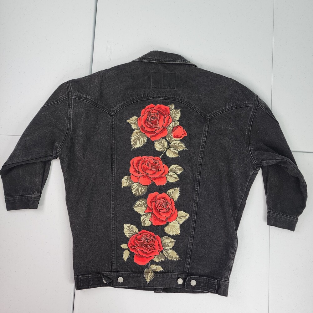 Vintage Jordache Black Denim Jacket S Men/Oversized Women/ Unisex Roses Applique